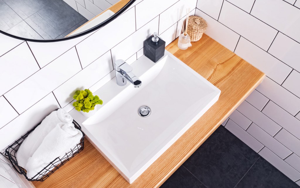 Top view of modern bathroom with white sink