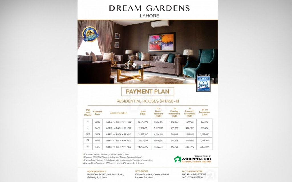 5, 7, 10, 20 and 30 marla houses are available for sale at Dream Gardens, Lahore