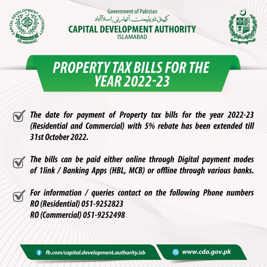 CDA extends deadline for payment of property tax bills Zameen News